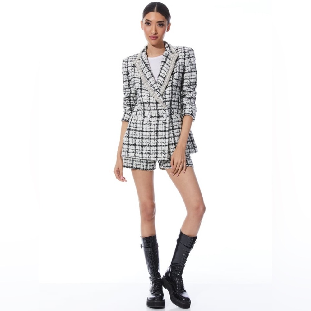 Alice+Olivia Justin Tweed Embellished Blazer Pearl Plaid Preppy Black White Sz 6